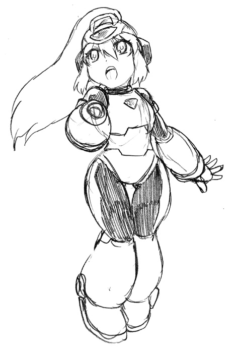 1girl, android, arm_cannon, character_request, helmet, long_hair, monochrome, rokkochan
