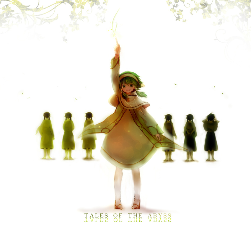6+boys, arm_up, backlighting, green_hair, hairband, ion, monarin, multiple_boys, multiple_persona, pantyhose, payot, robe, shawl, spoilers, tales_of_(series), tales_of_the_abyss, title_drop, white_background, white_legwear