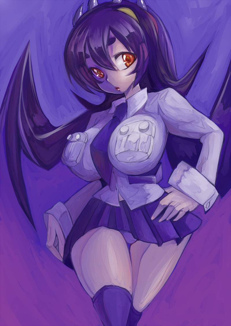 1girl, black_hair, black_legwear, breasts, filia_(skullgirls), huge_breasts, long_hair, necktie