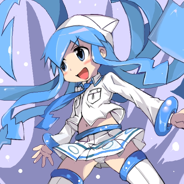 1girl, blue_eyes, blue_hair, blush, filia_(skullgirls), filia_(skullgirls)_(cosplay), flat_chest, ikamusume, living_hair, long_hair, miniskirt, navel, necktie, panties, pantyshot, shinryaku!_ikamusume, skirt, skullgirls, solo, t2, tentacle_hair, thighhighs, underwear, very_long_hair, white_legwear, white_panties