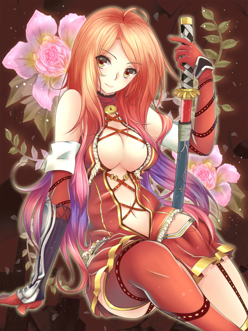 1girl, akai_katana, aki663, ayase_nazuna_(akai_katana), boots, detached_sleeves, garter_straps, gloves