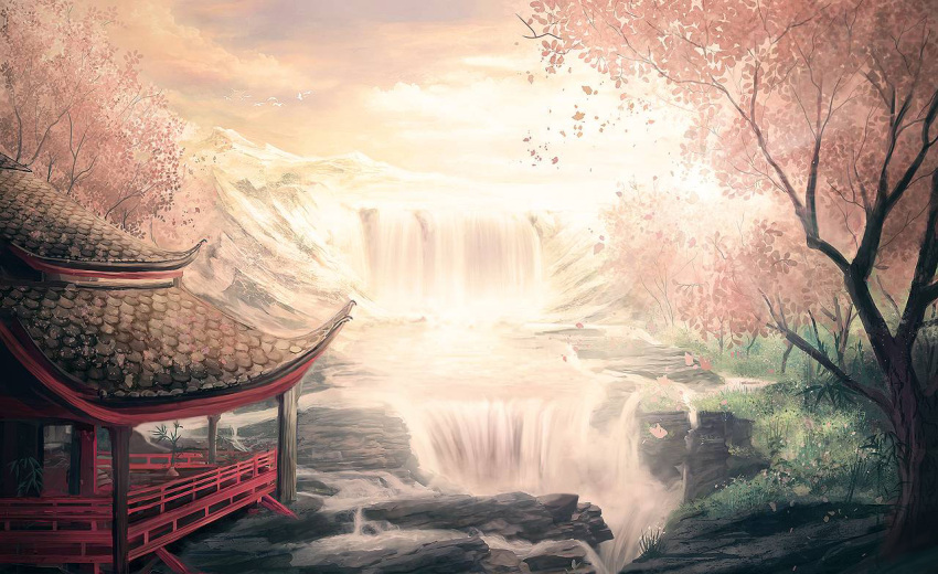 clouds, east_asian_architecture, mountain, no_humans, original, park_jae-cheol, scenery, sky, tree, water, waterfall