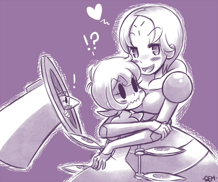 !?, 2girls, avery_(skullgirls), breast_smother, breasts, dress, facial_mark, forehead_mark