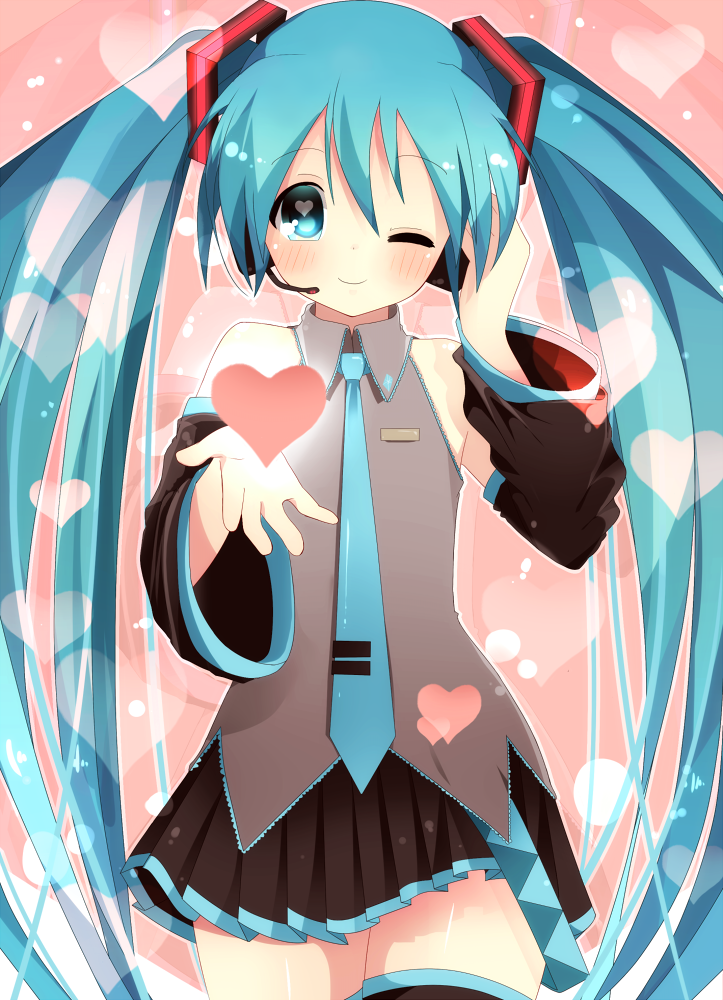 1girl, aqua_eyes, aqua_hair, blush, detached_sleeves, hakumugi, hatsune_miku, headset
