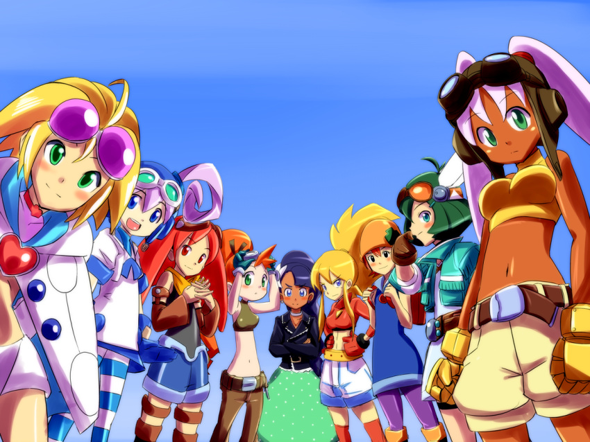 6+girls, aero, aero_(inafune_keiji), aero_(ishikawa_hideki), aero_(yoshikawa_tatsuya), backpack, bag, belt, blonde_hair, blue_eyes, blue_hair, blush, brown_eyes, capcom, choker, crossed_arms, dark_skin, detached_sleeves, dress, feathers, gloves, goggles, green_eyes, green_hair, hands_on_hips, hat, jacket, long_hair, midriff, multiple_girls, native_american, open_mouth, orange_hair, pants, pantyhose, ponytail, popporunga, purple_hair, randoseru, red_eyes, red_legwear, rockman, rockman_dash, rockman_dash_3, shirt, short_hair, shorts, smile, spandex, striped, striped_legwear, tank_top, thigh-highs, twintails