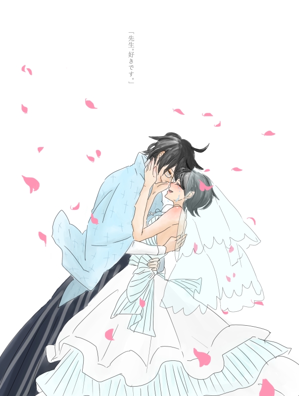 1boy, 1girl, black_hair, bridal_veil, bride, chikichiki_(robitema), closed_eyes, couple