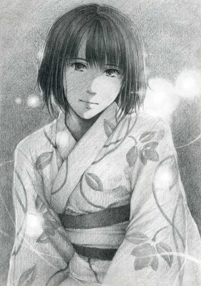 bob_cut, graphite_(medium), japanese_clothes, kimono, monochrome, original, short_hair, solo