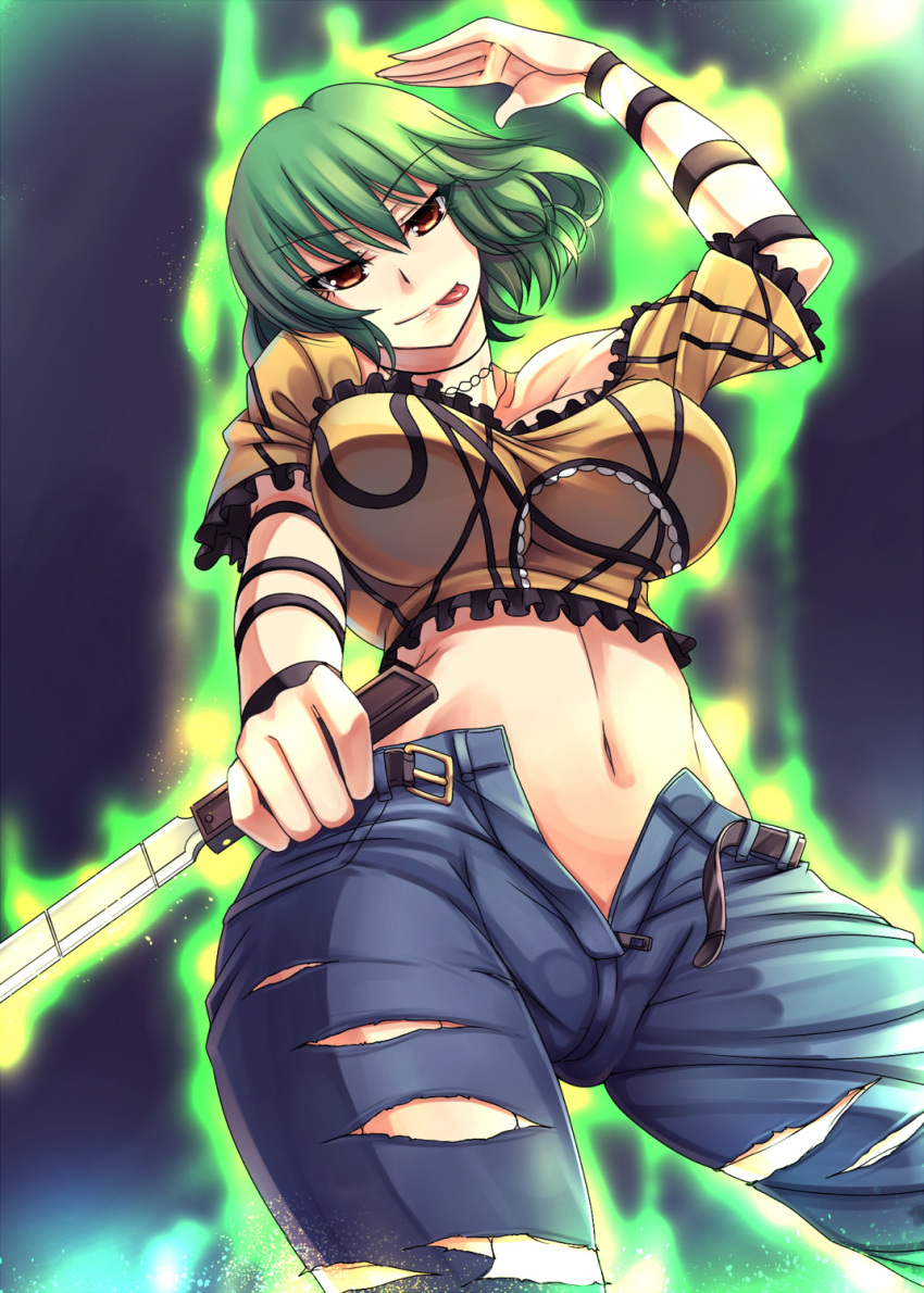 1girl, :q, aura, breasts, brown_eyes, green_eyes, hikage_(senran_kagura), kinntarou