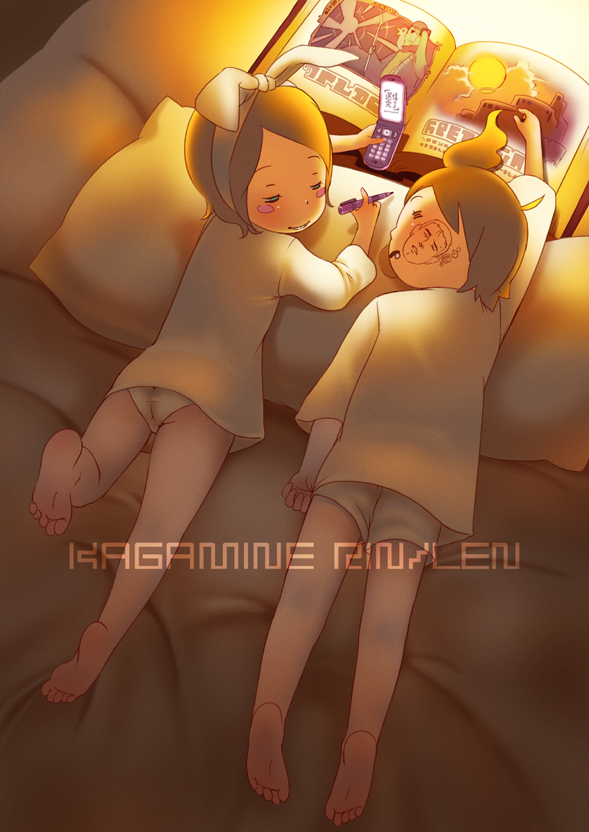 abe_takakazu_(cameo), ass, barefoot, bed, blonde_hair, blush_stickers, book, bottomless, cameo, cellphone, child, drooling, feet, green_eyes, grin, hairband, hatsune_miku, highres, kagamine_len, kagamine_rin, kuso_miso_technique, no_pants, panties, pen, phone, pillow, prank, short_hair, shorts, siblings, sleeping, smile, soles, spring_onion, sun, takakazu_abe, toes, twins, underwear, utu, vocaloid, young