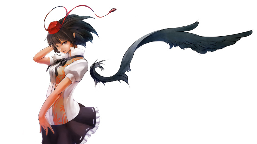 1girl, black_hair, eshi_(solokov), hat, highres, pointy_ears, red_eyes, shameimaru_aya