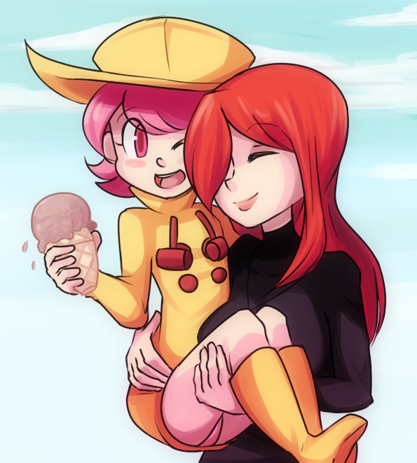 2girls, carrying, food, hat, ice_cream, ice_cream_cone, lips, long_hair