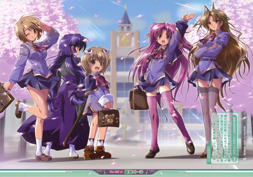 5girls, :d, absurdres, bag, black_legwear, blue_eyes, blue_hair, blush_stickers