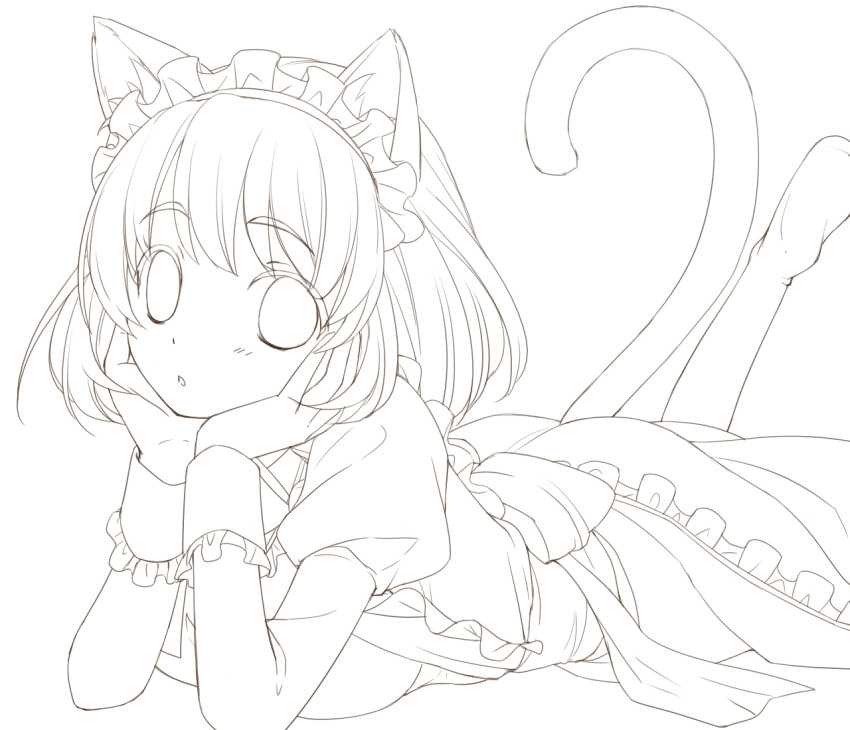 1girl, animal_ears, cat_ears, cat_tail, highres, ibuki_ena, lineart, looking_at_viewer, maid, maid_headdress, monochrome, original, solo, tail