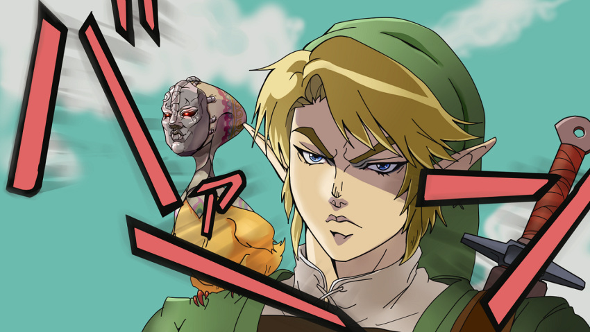 1boy, bird, blonde_hair, blue_eyes, butiboco, derivative_work, dio_brando, earrings, hat, jewelry, jojo_no_kimyou_na_bouken, link, mask, ooccoo, parody, pointy_ears, stone_mask_(jojo), the_legend_of_zelda, twilight_princess