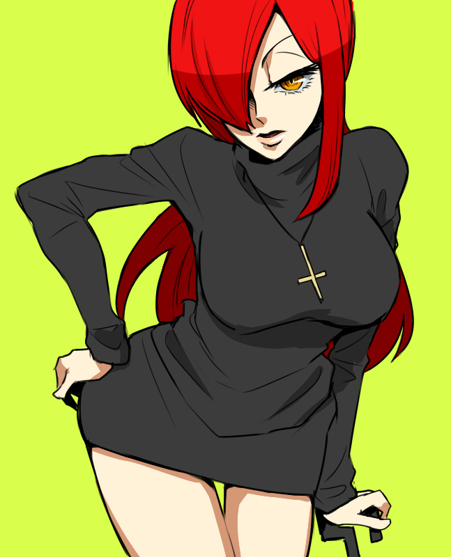 1girl, armkreuz, breasts, cross, hair_over_one_eye, hand_on_hip, large_breasts, long_hair, minidress, parasoul_(skullgirls), redhead, simple_background, skullgirls, solo, sweater_dress, umbrella, yellow_eyes