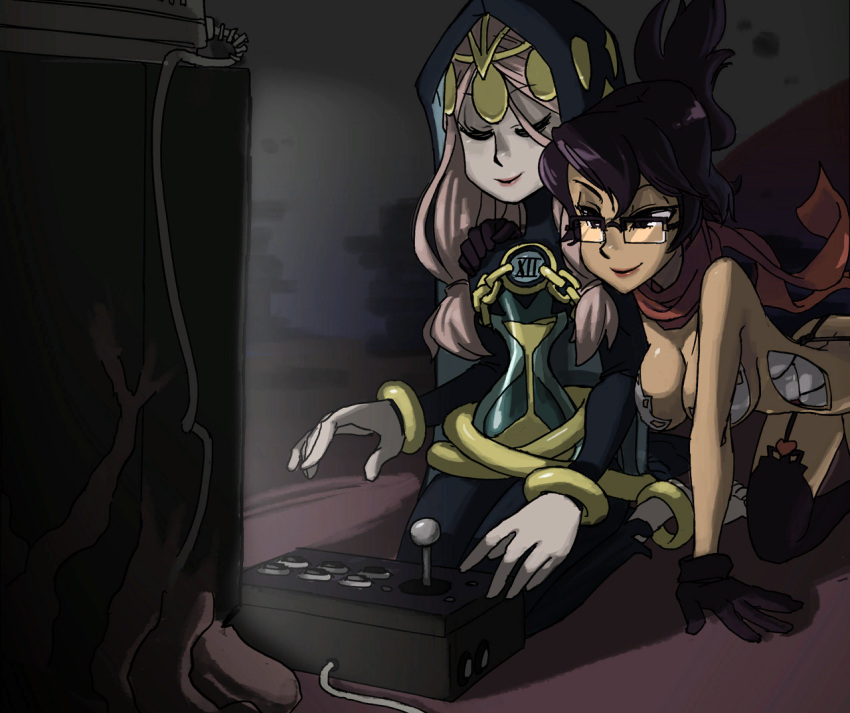 2girls, aeon_(skullgirls), arcade_stick, artist_request, breasts, cleavage, closed_eyes, controller