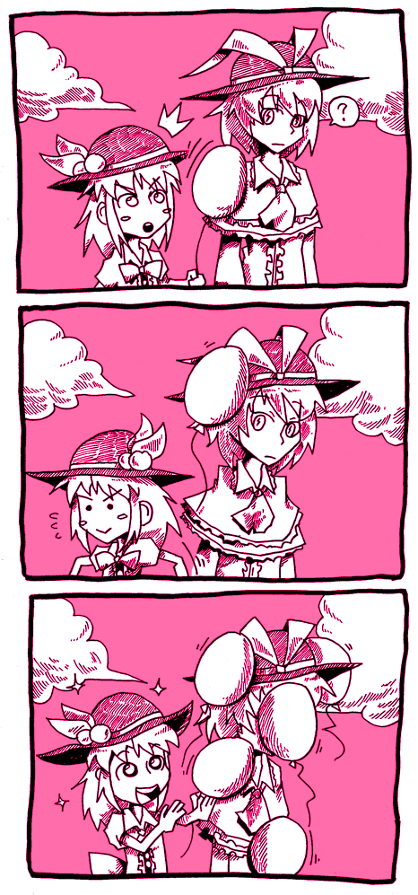 2girls, 3koma, ?, balloon, blush_stickers, bow, clouds, comic