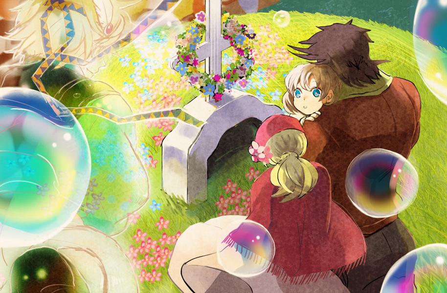 2boys, 2girls, blonde_hair, blue_eyes, brown_hair, bubble, caesar_anthonio_zeppeli, child