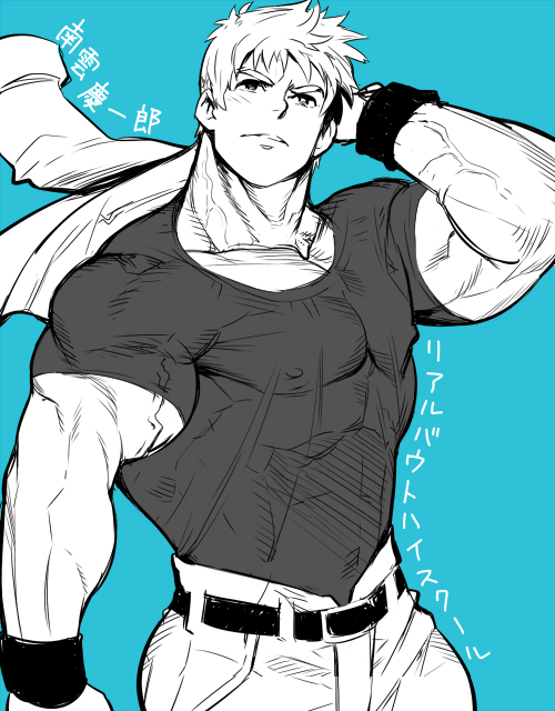 1boy, jacket_over_shoulder, mabataki, monochrome, muscle, nagumo_keiichirou, pectorals, real_bout_high_school