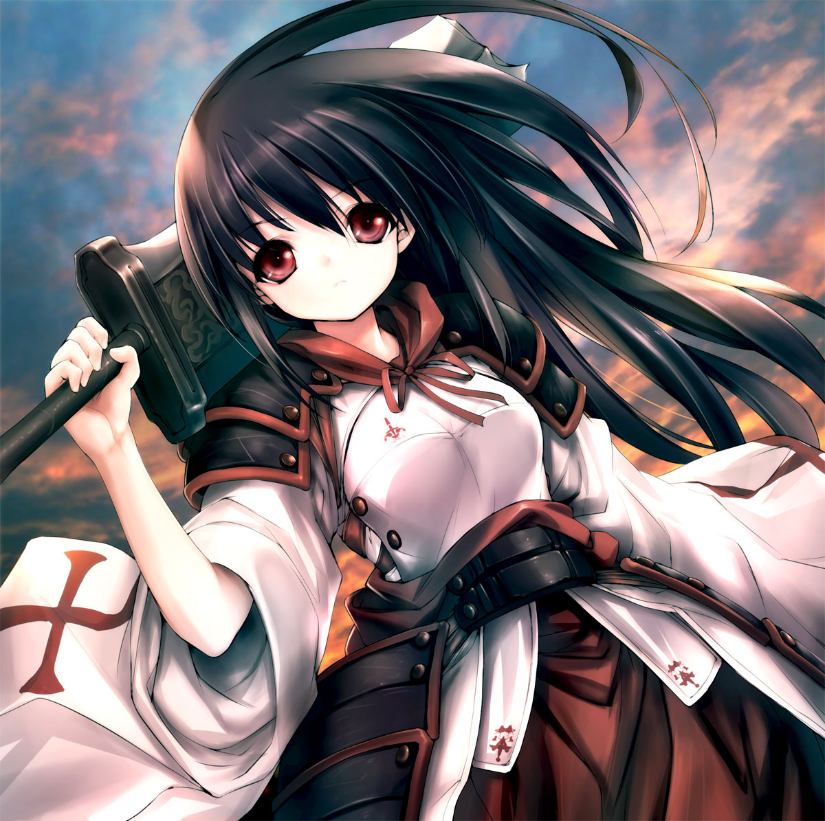 1girl, armor, black_hair, clouds, cross, hitomaru, long_hair, original