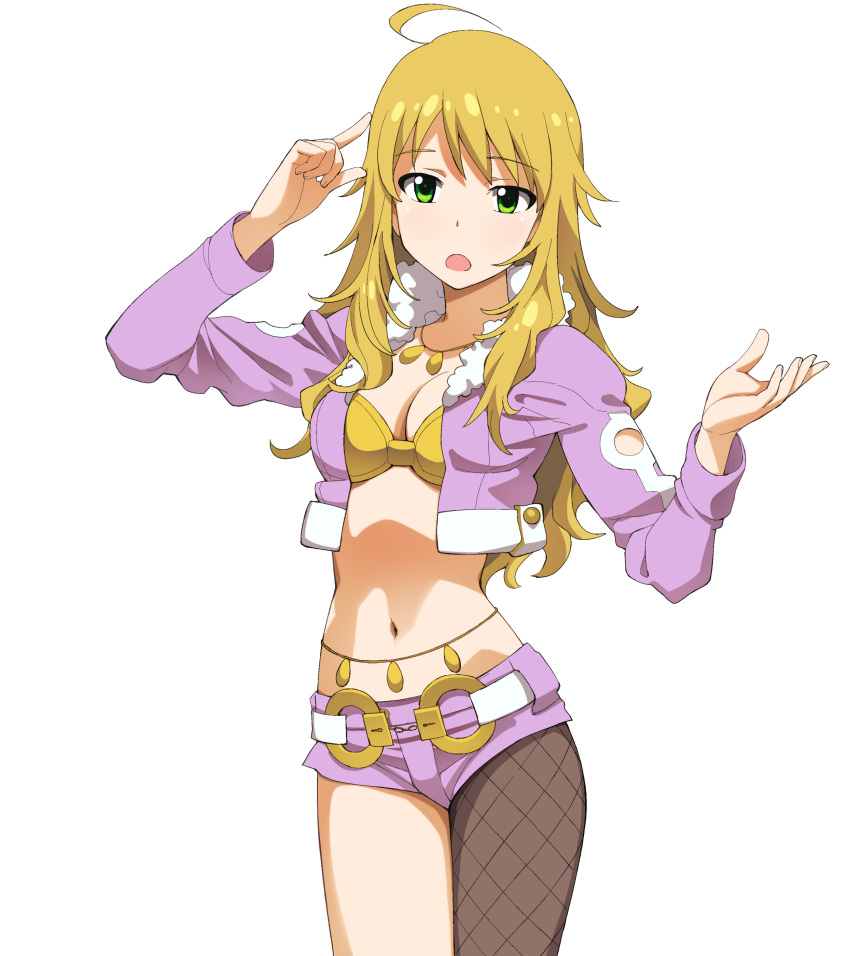 1girl, a1, absurdres, ahoge, asymmetrical_clothes, belly_chain, blonde_hair, bra