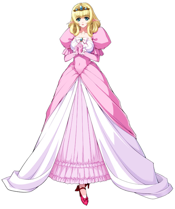 1girl, blonde_hair, blue_eyes, brooch, curly_hair, dress, elbow_gloves, elf, frilled_dress, frills, gloves, gown, high_heels, himekishi_olivia, jewelry, laura_elfinrine, long_hair, official_art, pink_dress, pointy_ears, ribbon, shoes, shoulder_pads, smile, solo, tiara, white_background
