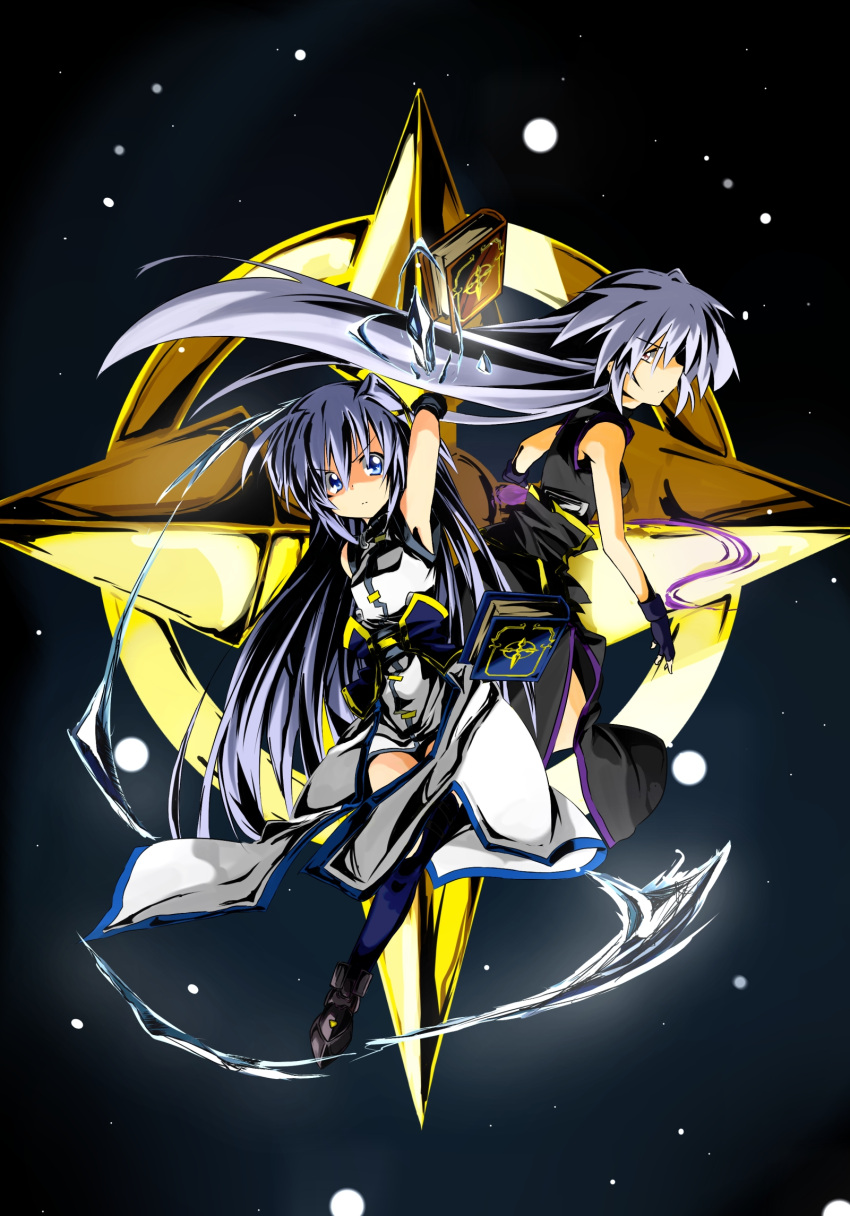 2girls, armpits, bare_shoulders, blue_eyes, blue_hair, book_of_the_azure_sky, bygddd5, fingerless_gloves