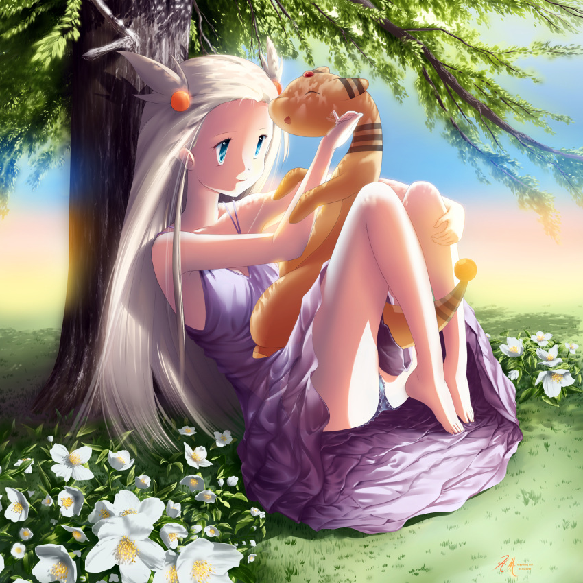 1girl, :d, ampharos, barefoot, closed_eyes, collarbone, dress, female, flower, frills, haydenm, long_hair, looking_at_another, mikan_(pokemon), panties, pantyshot, pantyshot_(sitting), pokemon, purple_dress, purple_panties, see_through, sitting, solo, underwear, white_flower, white_hair