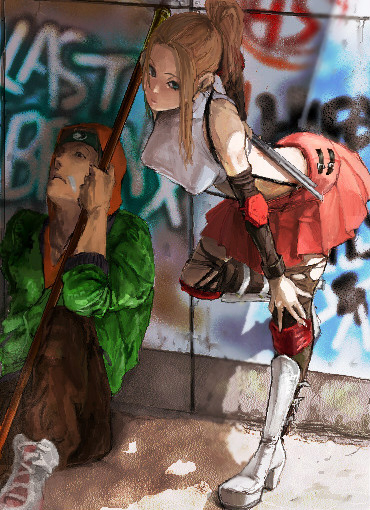 1boy, 1girl, against_wall, bare_shoulders, black_legwear, boots, breasts, brown_hair, detached_sleeves, elbow_pads, graffiti, greaves, guri_otoko, halter_top, halterneck, hand_on_knee, headband, hoodie, knee_pads, kusanami_lisa, large_breasts, last_bronx, long_hair, miniskirt, pleated_skirt, ponytail, sai_(weapon), sitting, skirt, staff, standing_on_one_leg, suspenders, thigh-highs, tomiie_hiroshi, torn_thighhighs, yin_yang