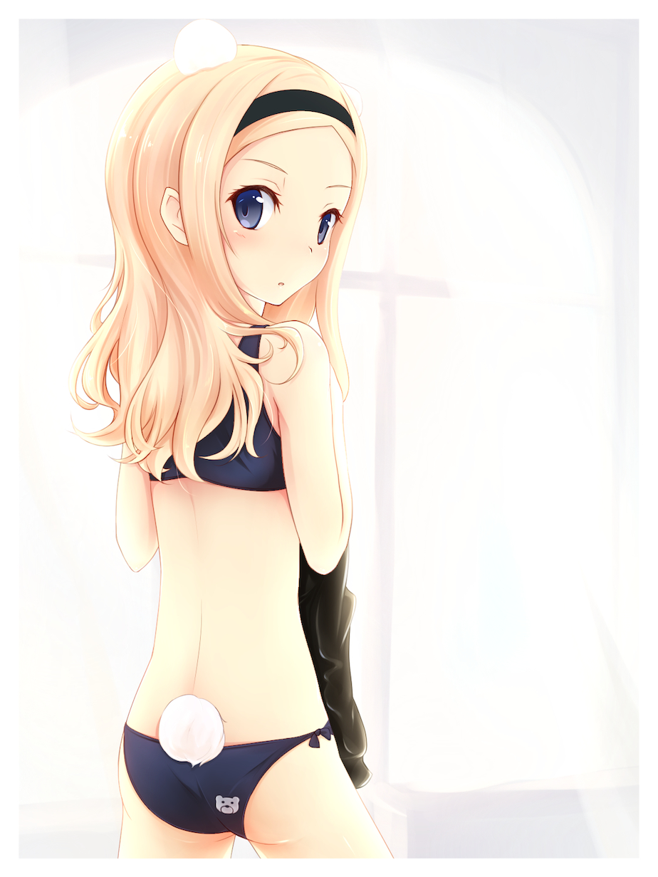 1girl, aleksandra_i_pokryshkin, animal_ears, blonde_hair, blue_eyes, blush, from_behind, looking_back