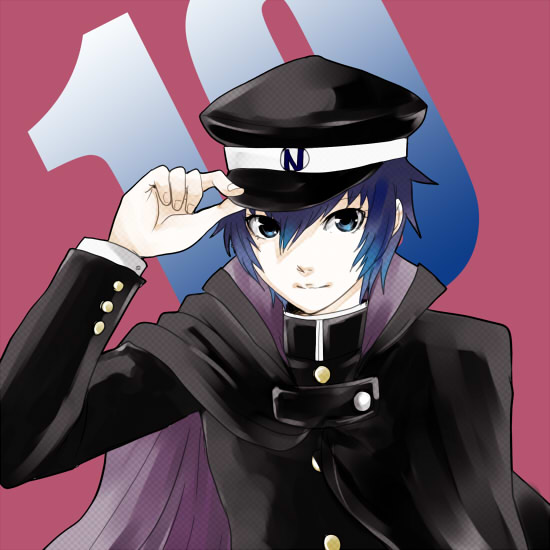 1girl, androgynous, blue_eyes, blue_hair, cape, cosplay, devil_summoner, hat