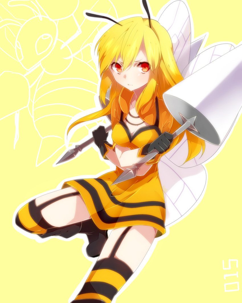 1girl, antennae, bee_girl, beedrill, blonde_hair, breasts, cleavage, dress