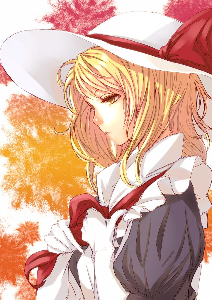 1girl, blonde_hair, bust, elbow_gloves, frills, gloves, hat, kana_anaberal