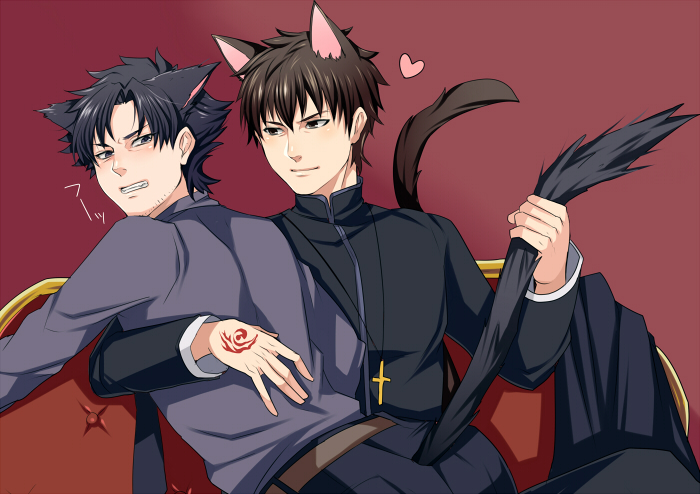 2boys, animal_ears, black_eyes, black_hair, brown_eyes, brown_hair, cat_ears, cat_tail