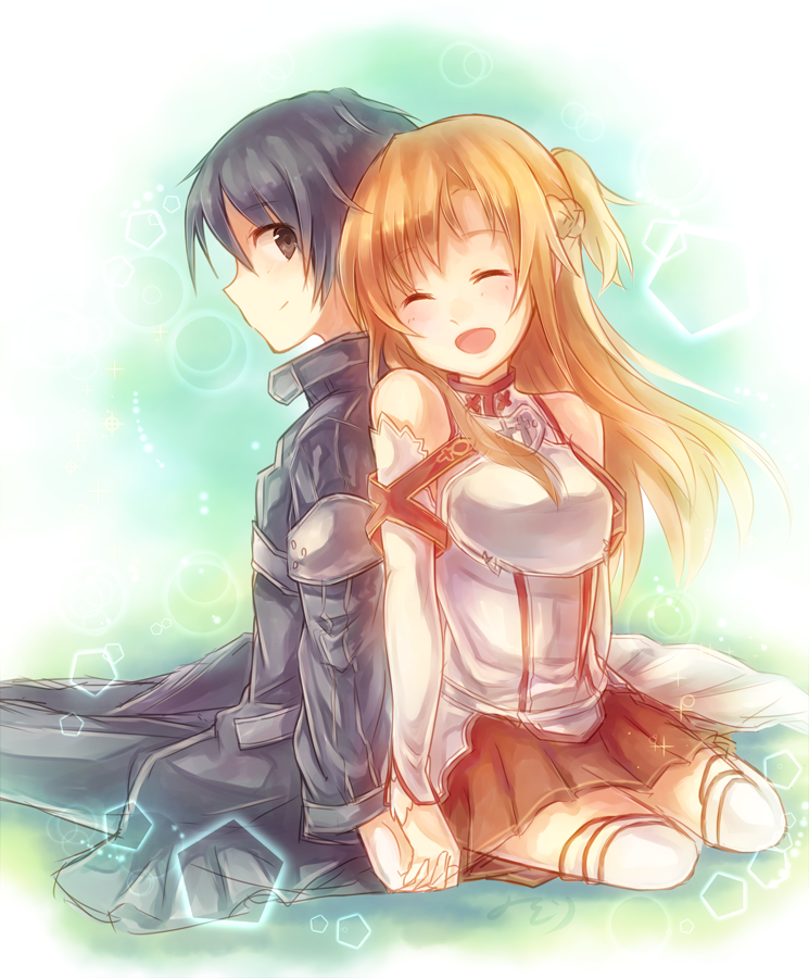 1girl, asuna_(sao), back-to-back, black_eyes, black_hair, brown_hair, closed_eyes, couple, detached_sleeves, holding_hands, kirito, long_hair, midori_miyako, short_hair, sword_art_online, thigh-highs, yuuki_asuna