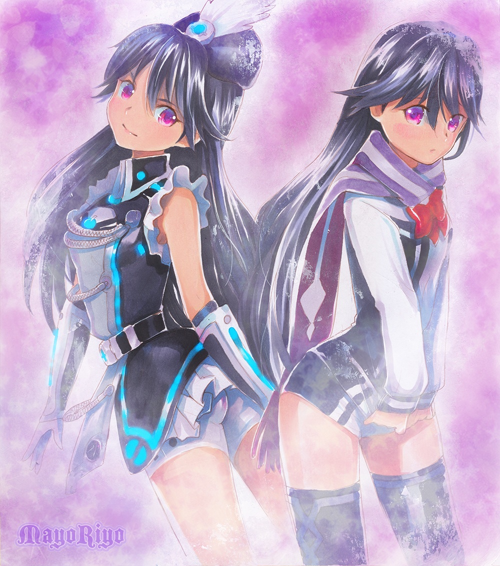 2girls, artist_name, bike_shorts, black_hair, hat_feather, kuroki_rei, mayo_riyo, multiple_girls, palette_suit, scarf, short_shorts, shorts, thigh-highs, traditional_media, violet_eyes, vividred_operation