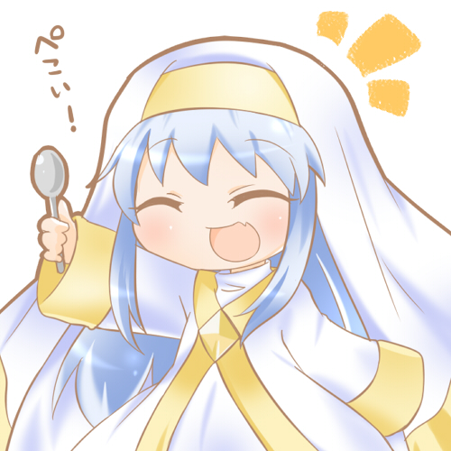 1girl, blue_hair, chibi, closed_eyes, fang, habit, index, kurage_no_ko