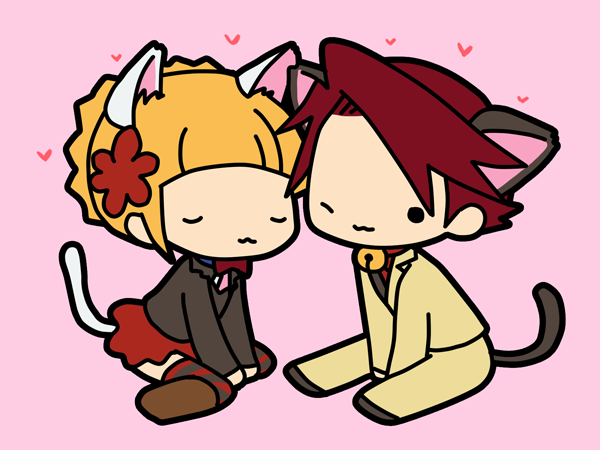 1boy, 1girl, :3, ;3, animal_ears, beatrice, bell, bell_collar