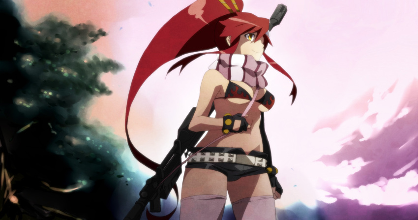 1girl, anti-materiel_rifle, belt, bikini_top, breasts, fingerless_gloves, from_below, gloves