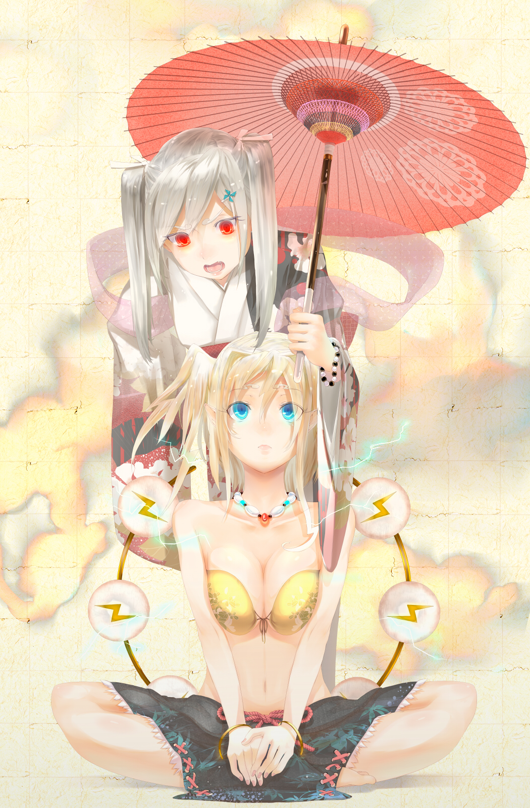 2girls, barefoot, bikini_top, blonde_hair, blue_eyes, breasts, electricity, hair_ribbon
