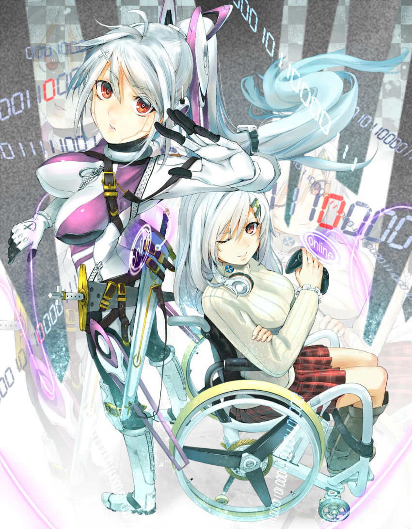 bodysuit, boots, breasts, brown_eyes, controller, dual_persona, game_controller, hair_ornament