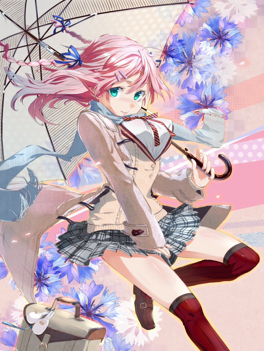 bag, blush, braid, breasts, flower, green_eyes, hair_ornament, hair_ribbon