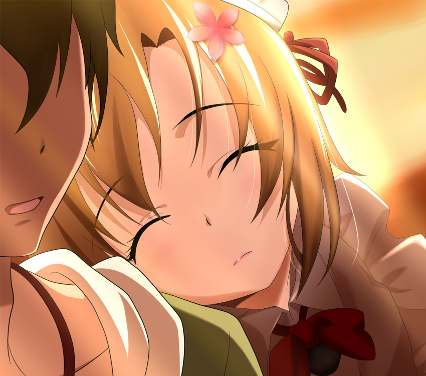 1boy, 1girl, boku_wa_tomodachi_ga_sukunai, brown_hair, closed_eyes, faceless, faceless_male, flower