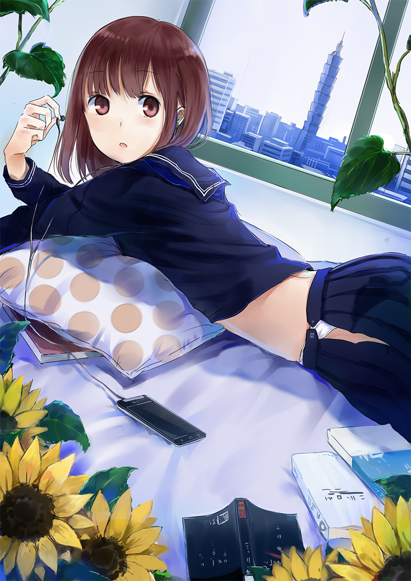 1girl, :o, bed, book, brown_eyes, brown_hair, cityscape, dutch_angle