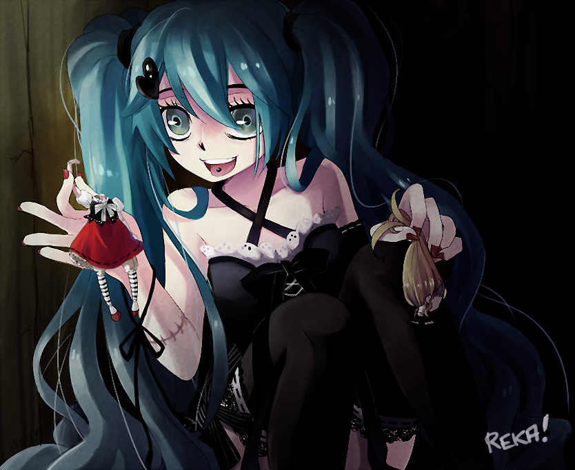 aqua_eyes, aqua_hair, bad_id, doll, dress, hatsune_miku, long_hair, piercing