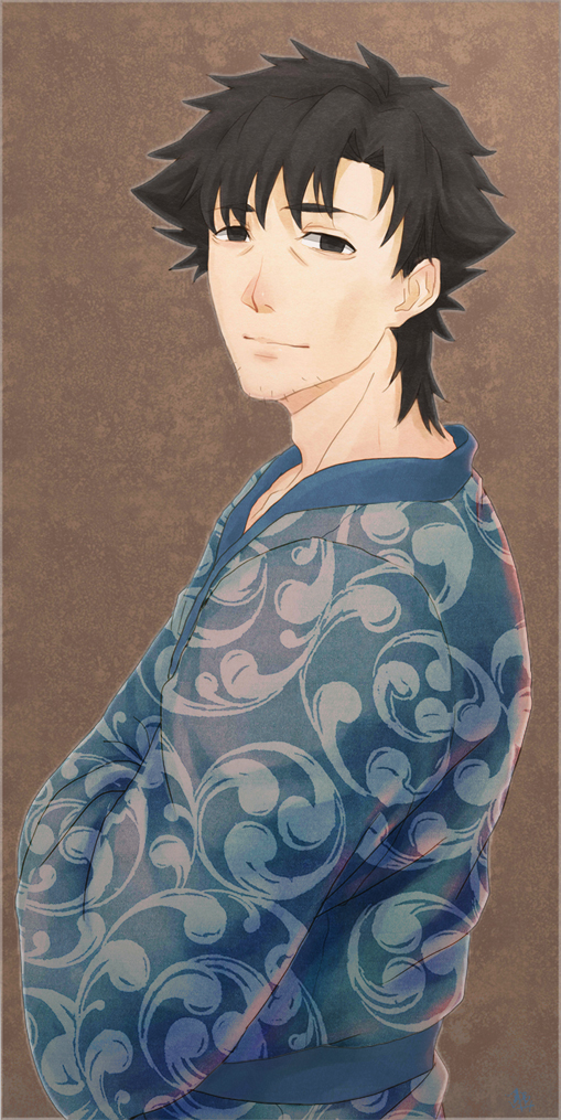 1boy, black_hair, emiya_kiritsugu, facial_hair, fate/stay_night, fate_(series), japanese_clothes, kimono