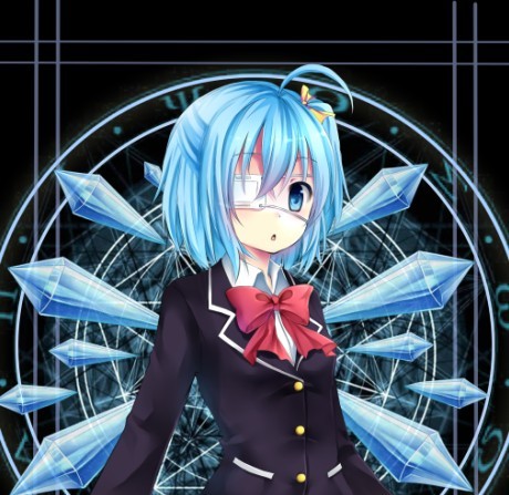 1girl, ahoge, blue_eyes, blue_hair, bow, chuunibyou_demo_koi_ga_shitai!, cirno, eyepatch