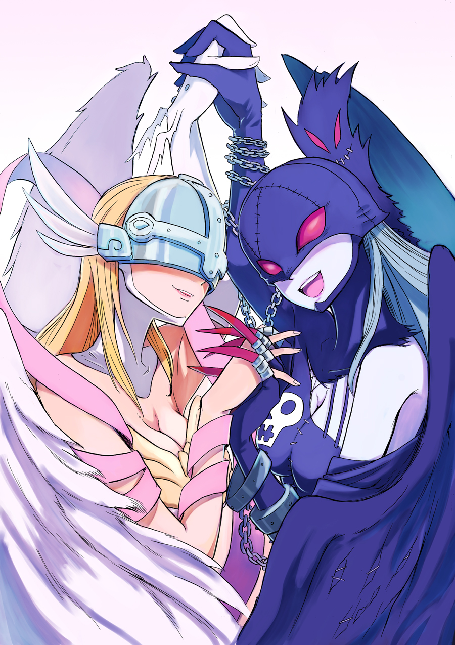 2girls, angel_wings, angewomon, aosa_(momikin), black_wings, blue_hair, breasts, chain