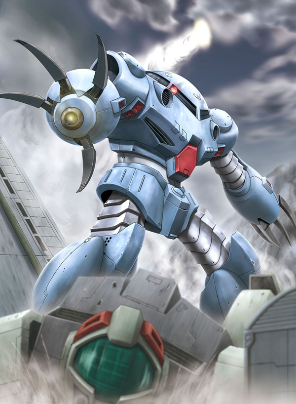 battle, claws, clouds, damaged, glowing, glowing_eye, gm_(mobile_suit), gm_cold_districts_type