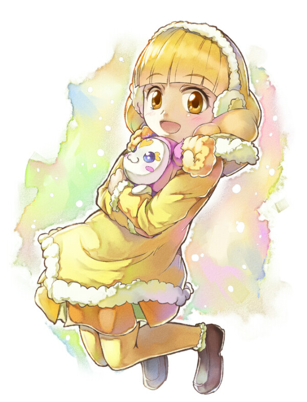 1girl, blonde_hair, candy_(smile_precure!), coat, creature, dress, earmuffs, kise_yayoi, open_mouth, pantyhose, precure, short_hair, smile, smile_precure!, unichiri, winter_clothes, yellow_eyes, yellow_legwear